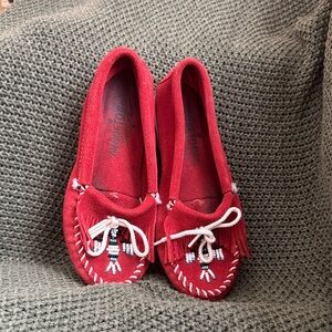 Minnetonka Red Moccasins with Beaded Detail
